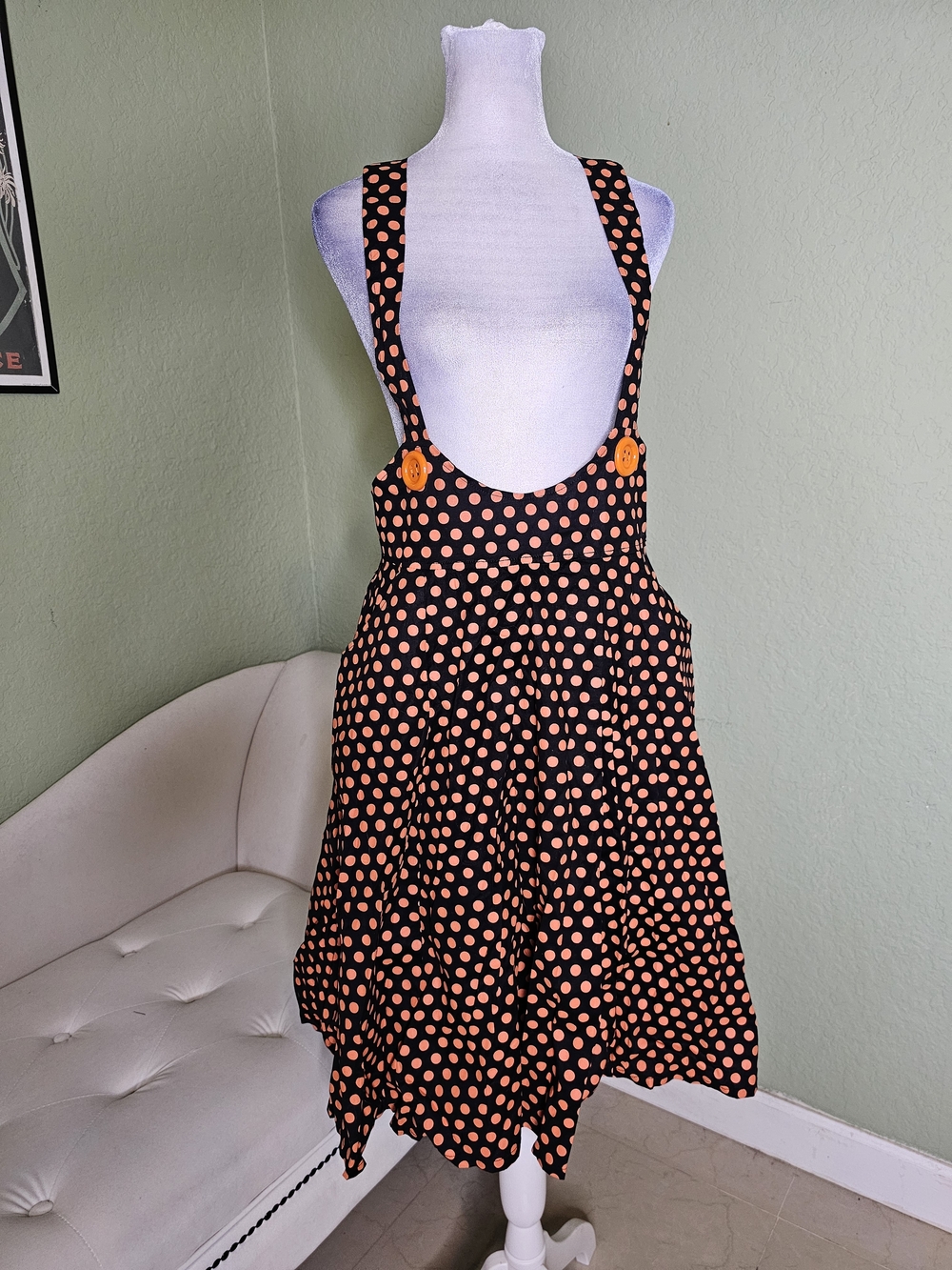 Polka Dot Suspender Midi Dress in Black and Peach